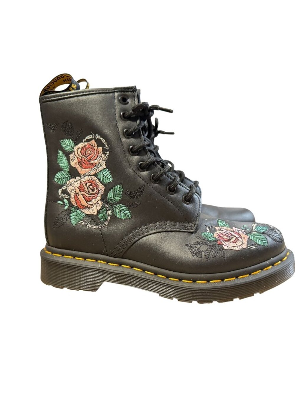 NEW Dr Martens Vonda Chain II Boots Size 6 Black Leather Embroidered Pink Roses